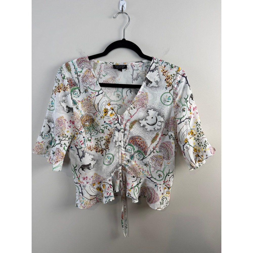 Topshop Bohemian Animal & Celestial Print Ruched Crop Top Blouse Women's Size 6